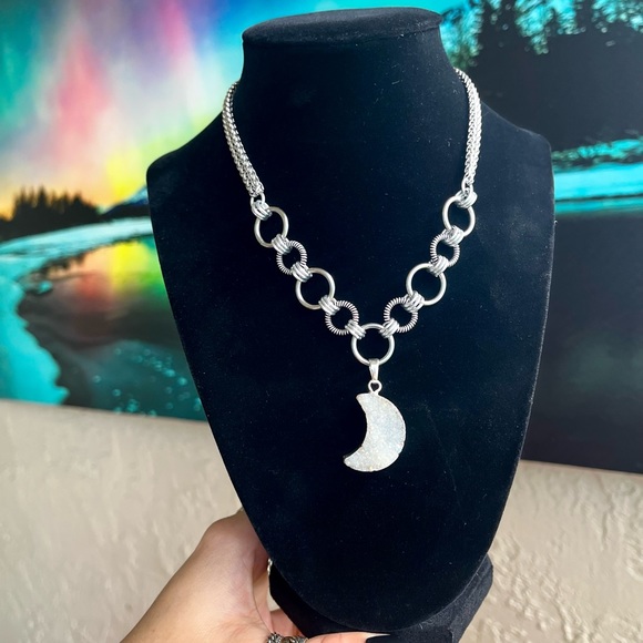 stainless steel necklace double wheat chain druzy quartz crescent moon charm - Picture 9 of 12